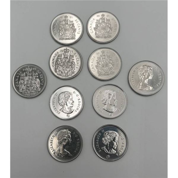 10 Canadian 50 Cents Coins Featuring Queen Elizabeth II