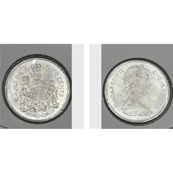 1965 Canada 50 Cents Silver Coin Featuring Elizabeth II and Coat of Arms Design