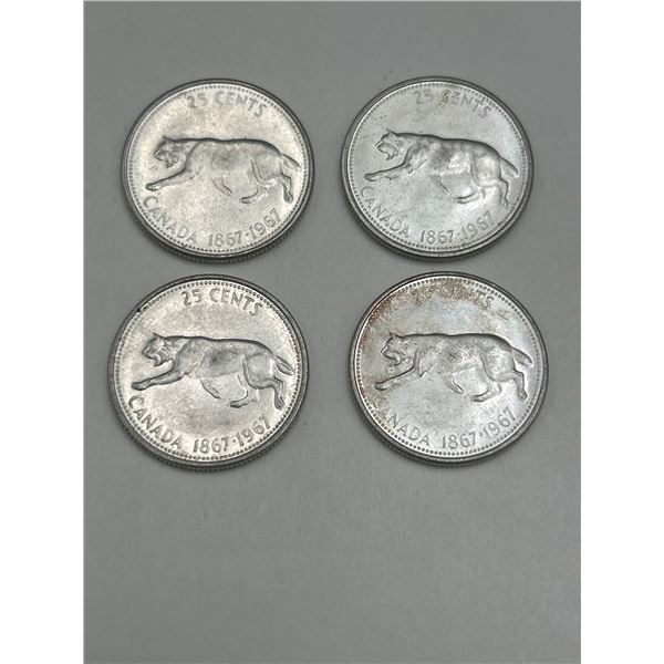 Canada 15-Cent Coins, 1867-1967 Commemorative Lynx Design, Lot of 4