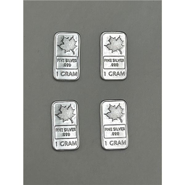 Four 1 Gram Fine .999 Silver Bars With Maple Leaf Design