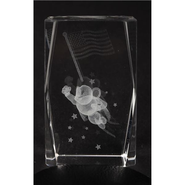 A Mighty Mouse Etched Glass Paperweight.