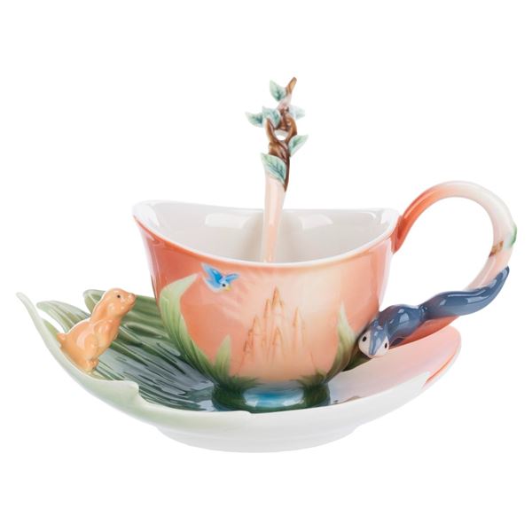 A "Snow White" Sculpted Cup, Saucer, and Spoon Set.