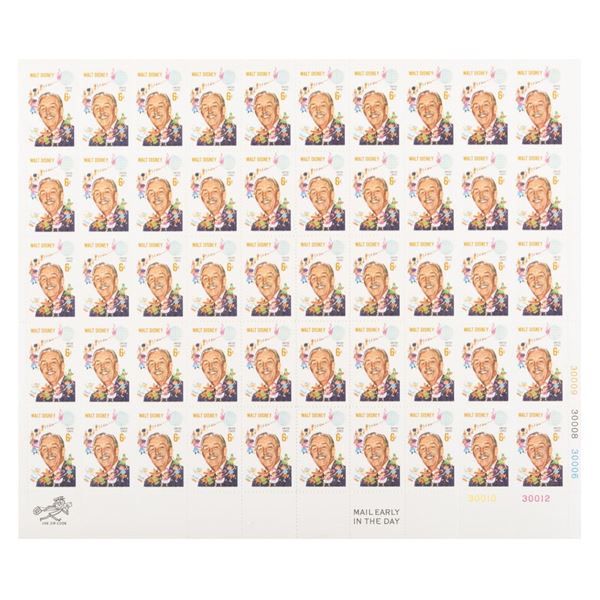 A Full Sheet of Walt Disney 6 Cent Stamps.