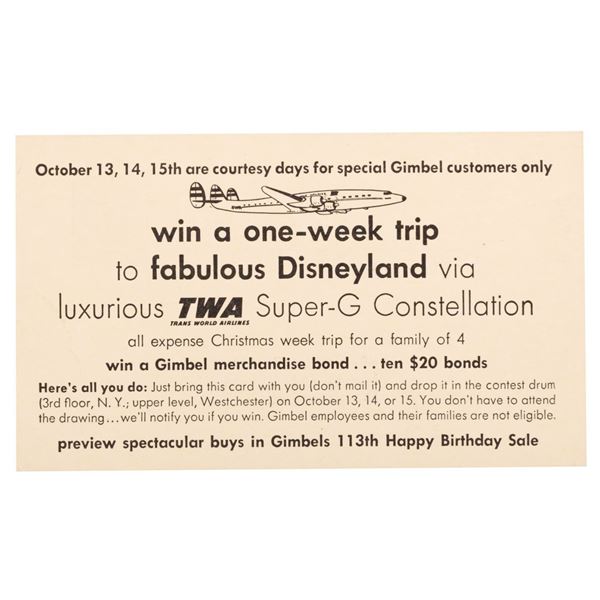 A Gimbels "Win a One-Week Trip to Fabulous Disneyland" Postcard.