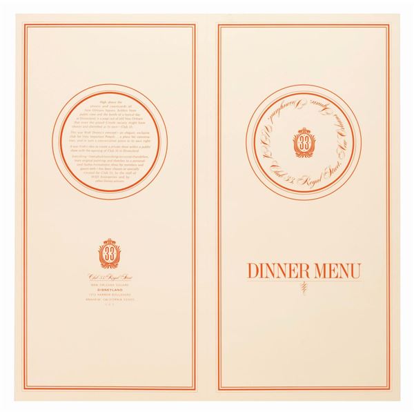 An Early Unfolded Club 33 Menu.