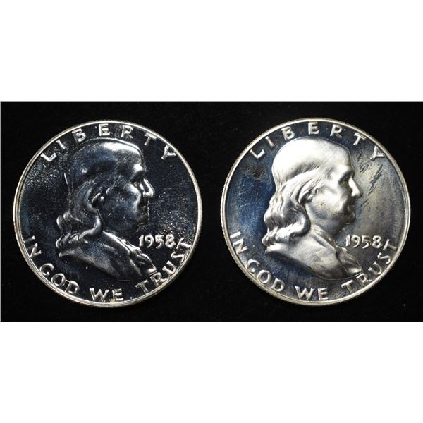 (2) 90% SILVER 1958 FRANKLIN HALF DOLLARS PROOF BU