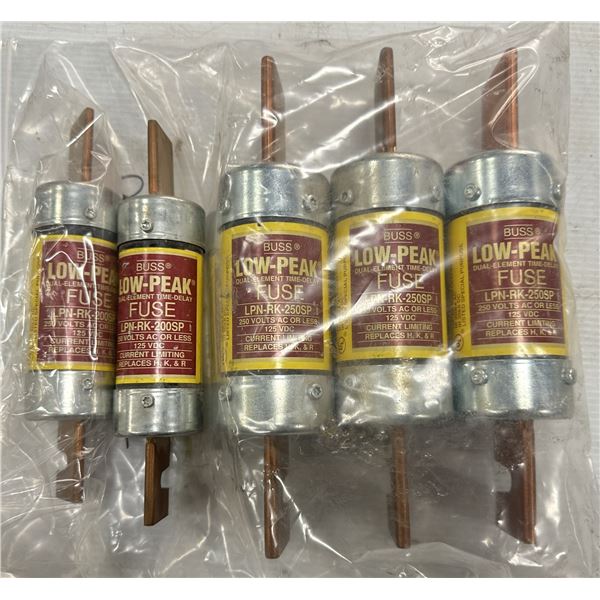 Lot of (5) Buss Fuses 2-#LPN-RK-200SP & 3-#LPN-RK-250SP