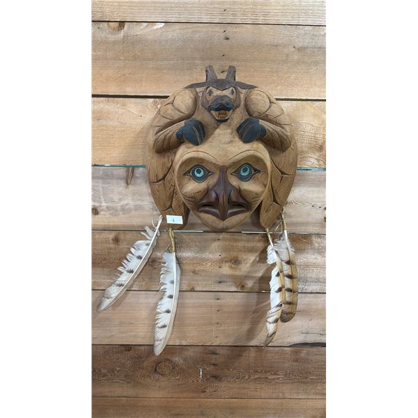 HAND CARVED & PAINTED FIRST NATIONS MASK BY C NED 13" X 12"