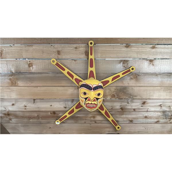 HAND CARVED & PAINTED FIRST NATIONS SUN MASK 10" X 12" (41"W WITH SUN RAYS)