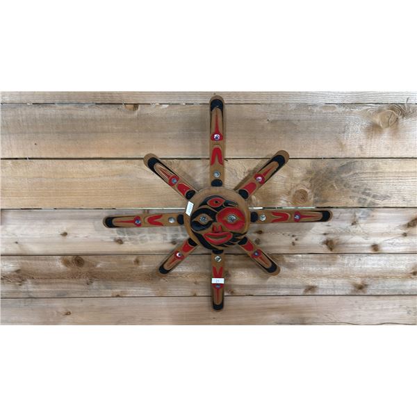 HAND CARVED & PAINTED FIRST NATIONS RAVEN SUN MASK BY LESTER NED JR (HENRY) 7.5" X 7.5" (25"W WITH