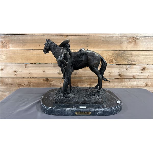 BRONZE STATUE ON MARBLE BASE 21.5" X 16" X 17"