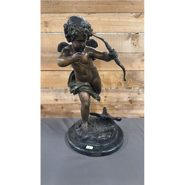BRONZE CUPID STATUE ON MARBLE BASE 14" X 27"