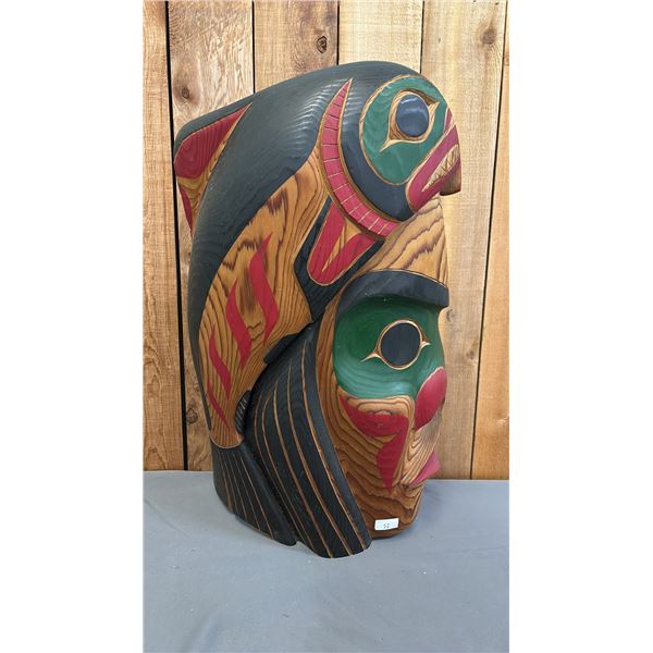 HAND CARVED & PAINTED "COAST SALISH HAWK MAN WITH SALMON HEADDRESS" CARVING BY WILLIAM WATTS