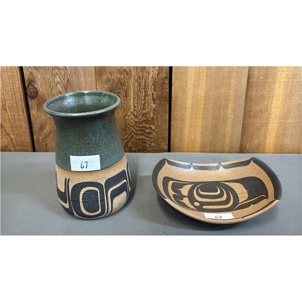 HAND PAINTED FIRST NATIONS CERAMIC DISH & CERAMIC VASE