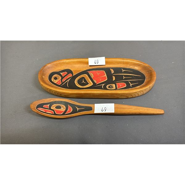 HAND CARVED & PAINTED FIRST NATIONS WOOD SPOON & DISH
