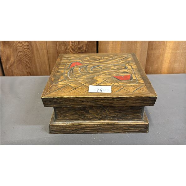 HAND CARVED & PAINTED FIRST NATIONS WOOD BOX 7" X 7" X 3"