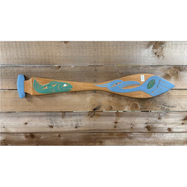 HAND CARVED & PAINTED FIRST NATIONS HERON & SALMON PADDLE WITH ARTIST SIGNATURE 36" X 5.5"