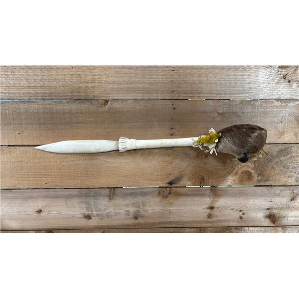HAND CARVED & DECORATED FIRST NATIONS RATTLE 27.5" ATTRIBUTED TO CHIEF DAN GEORGE