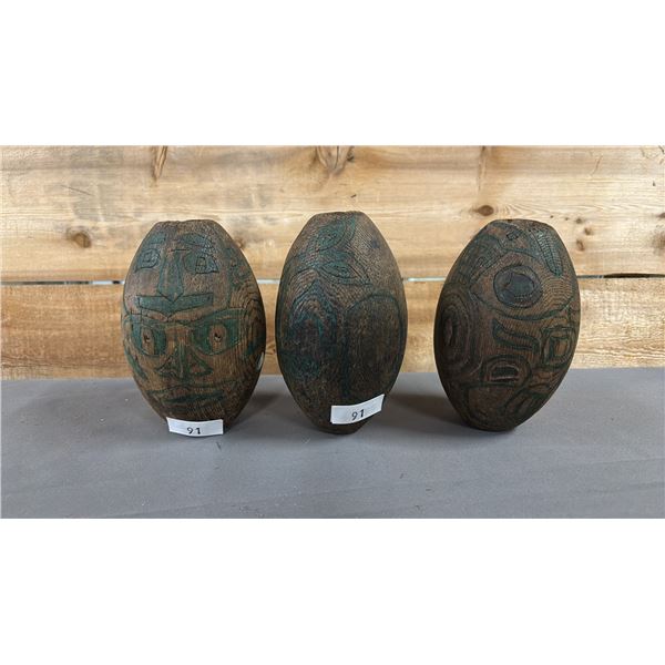 (3) HAND CARVED & PAINTED FIRST NATIONS FISHING FLOATS; BIRD & BEAVER, WHALE & SEALION CIRCA 1920'S