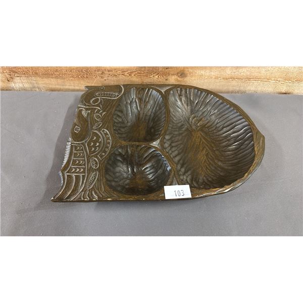 HAND CARVED FIRST NATIONS POTLATCH BOWL BY ERNIE BURNETTE OF ROBERTS CREEK 13" X 10"
