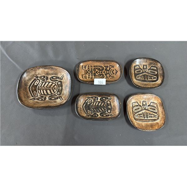 (6) ASSORTED HAND MADE FIRST NATIONS CLAY DISHES INCLUDING; HAIDA FROG, HAIDA BEAVER & TLINGIT BEAR