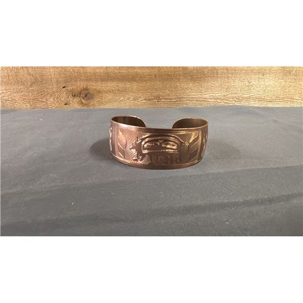 HAND MADE FIRST NATIONS "BEAR" COPPER CUFF BRACELET WITH ARTIST INITIALS