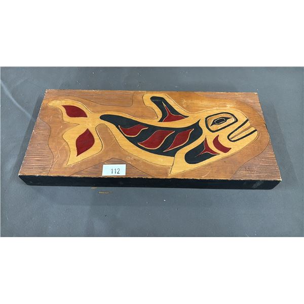 HAND CARVED & PAINTED FIRST NATIONS KILLER WHALE WOOD SLAB WITH ARTIST INITIALS 16" X 7.5"