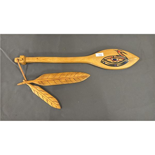 HAND CARVED & PAINTED FIRST NATIONS PADDLE WITH FEATHERS BY RD 22.5"
