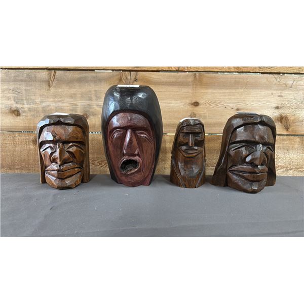(4) ASSORTED HAND CARVED & PAINTED FIRST NATIONS HEAD CARVINGS