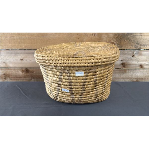 HAND WOVEN FIRST NATIONS BASKET WITH LID 17" X 11" X 10.5"