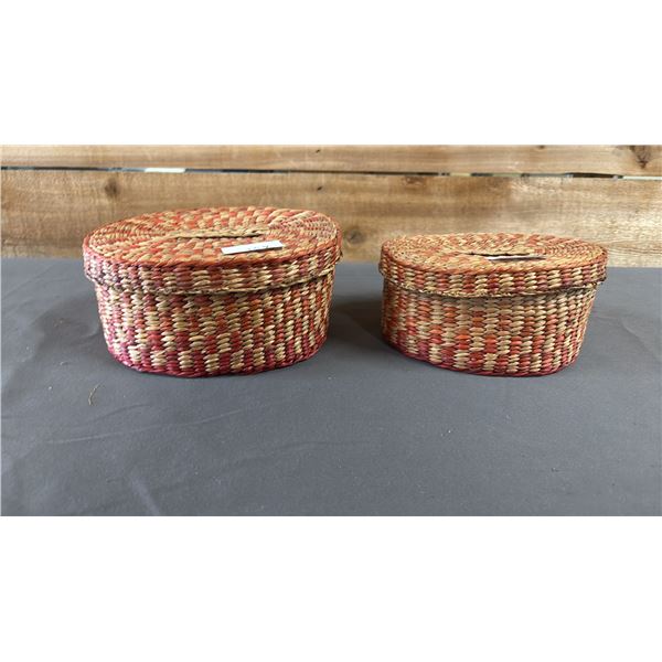 (2) HAND WOVEN FIRST NATIONS BASKETS WITH LIDS 6.5" X 5" X 3" & 6" X 4.5" X 3"