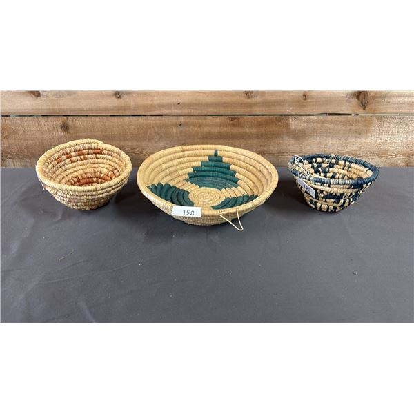 (3) ASSORTED HAND WOVEN FIRST NATIONS BASKETS INCLUDING; HAIDA NATION YELLOW WILLOW BARK 4.5" X 3",