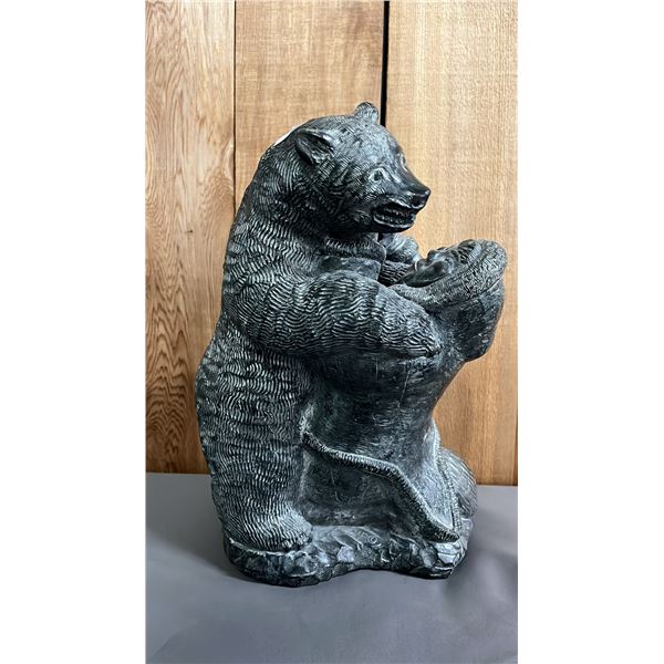 HAND CARVED FIRST NATIONS BEAR & MAN SOAPSTONE SCULPTURE BY THE WOLF 12"