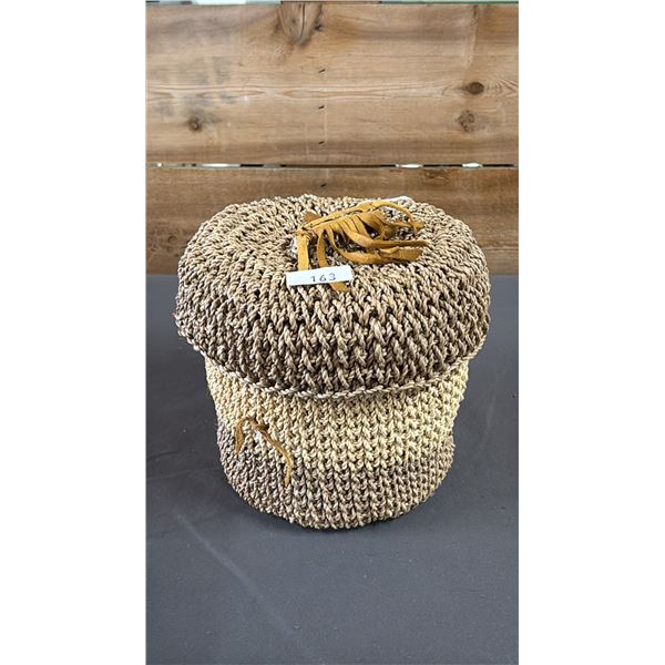 HAND WOVEN FIRST NATIONS BASKET WITH LID 7.5" X 6"