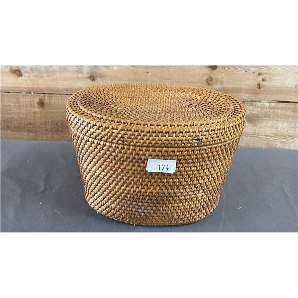 HAND WOVEN FIRST NATIONS BASKET WITH LID 10" X 7" X 6.5"