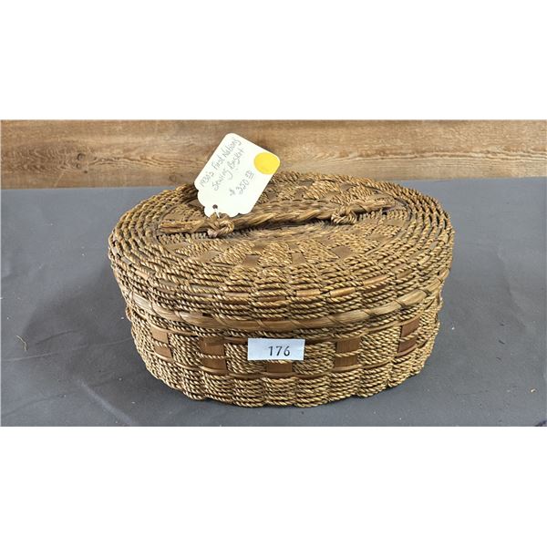 HAND WOVEN FIRST NATIONS SEWING BASKET WITH LID CIRCA 1930'S 9" X 7.5" X 4"