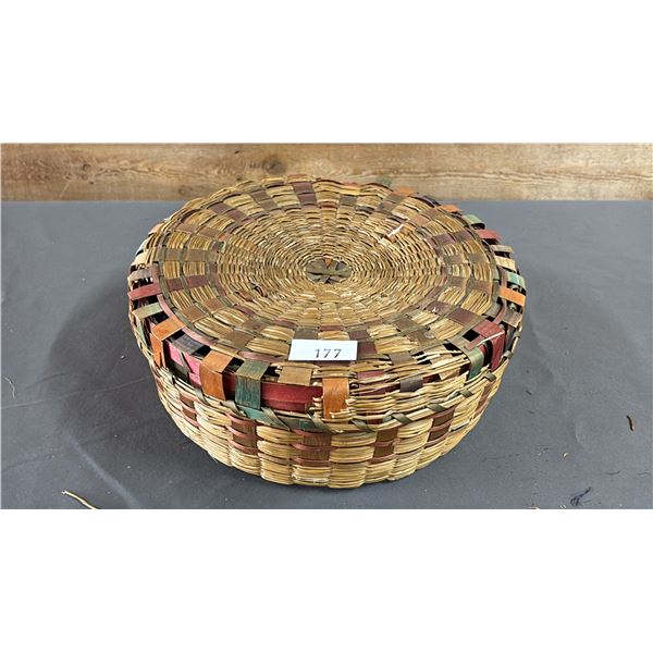 HAND WOVEN FIRST NATIONS BASKET WITH LID 10" X 3.5"