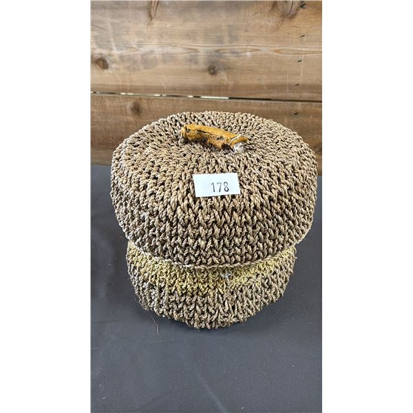 HAND WOVEN FIRST NATIONS BASKET WITH LID 7" X 6.5"