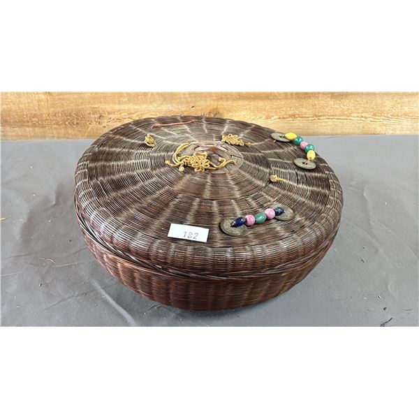 HAND WOVEN FIRST NATIONS BASKET WITH LID 11.5" X 4.5"