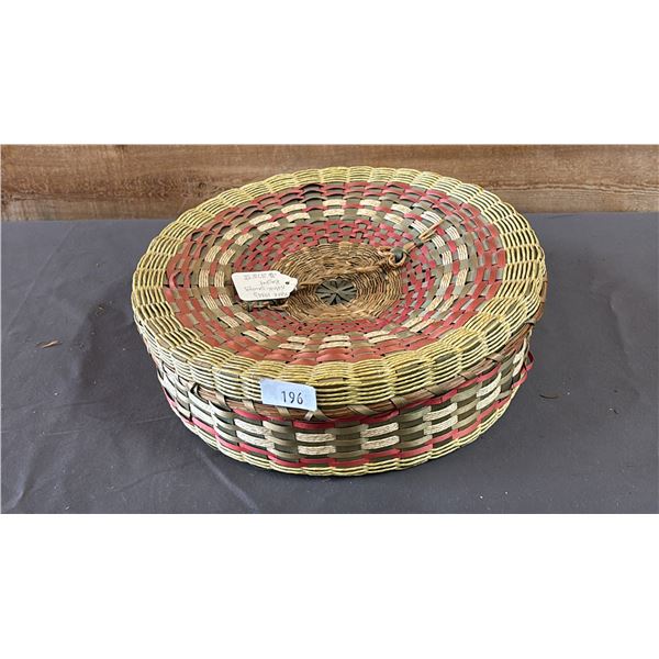 HAND WOVEN FIRST NATIONS SEWING BASKET WITH LID CIRCA 1930'S  12" X 3.5"