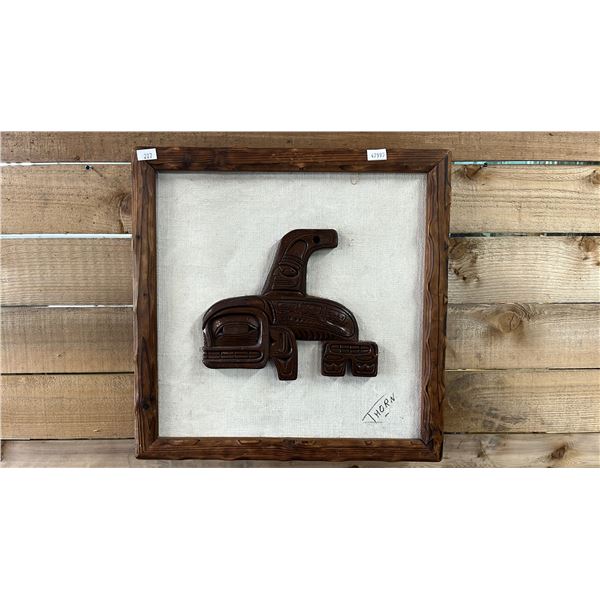 FRAMED HAND CARVED FIRST NATIONS "KILLER WHALE" ON BOARD BY THORN 24" X 24"