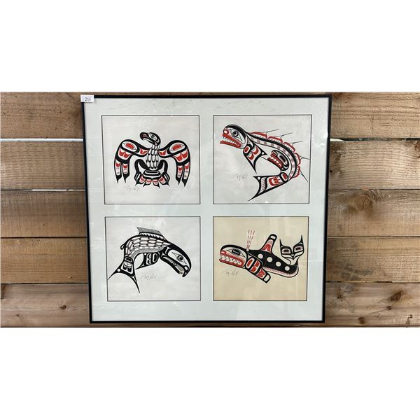 FRAMED 4-PC ORIGINAL FIRST NATIONS WATERCOLOURS ON CANVAS BY TONY HUNT SR 26.5" X 25"