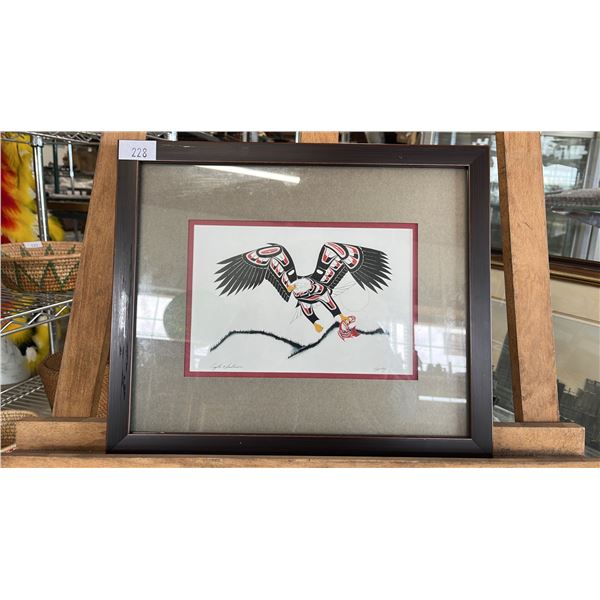 FRAMED PRINT BY RICHARD SHORTY TITLED "EAGLE & SALMON" 14" X 12"