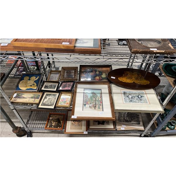 SHELF OF ASSORTED FRAMED ARTWORK