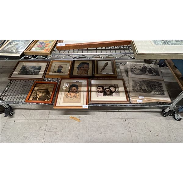 SHELF OF ASSORTED FRAMED ARTWORK & SKETCHES