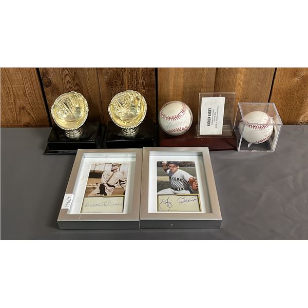 (2) BASEBALL TROPHIES, (2) SIGNED BASEBALLS  & (2) SIGNED FRAMED PHOTOS