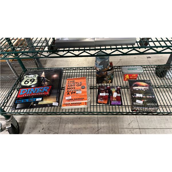 SHELF OF "THE ART OF NOT GIVING A F*CK" BOOKS, STAR WARS PEZ DISPENSERS, CANUCKS WATCH & MORE