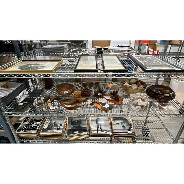 SHELF OF FIRST NATIONS & OTHER DECORATIVE ITEMS: CARVED TILES, BOWLS, ASSORTED TEETH & MORE