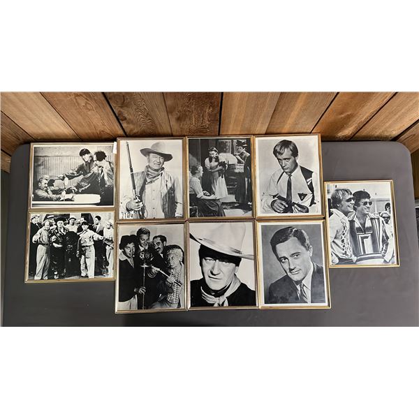 (9) FRAMED VINTAGE BLACK & WHITE PHOTO PRINTS: 3 STOOGES, JOHN WAYNE, ROBERT VAUGHN & MORE