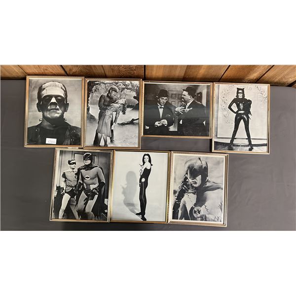 (7) FRAMED VINTAGE BLACK & WHITE PHOTO PRINTS: BORIS KARLOFF, LAUREL & HARDY, BATMAN & ROBIN & MORE